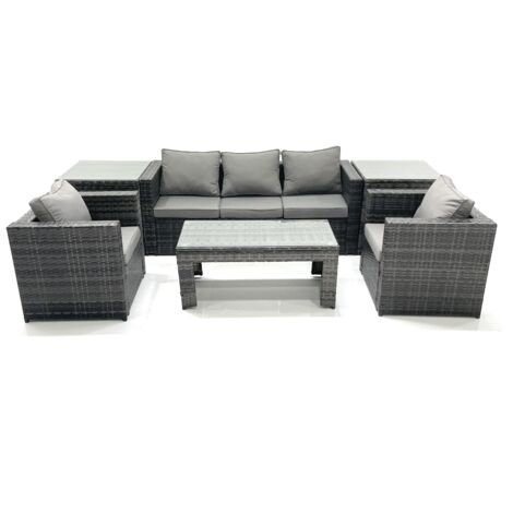 Fimous Rattan Garden Furniture Set Outdoor Lounger Sofa with Coffee Table 2 Armchair 2 Side Tables Dark Grey Mixed