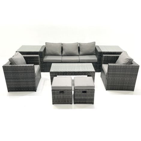 Fimous Rattan Garden Furniture Set Outdoor Lounger Sofa with Coffee Table 2 Armchair 2 Small Footstools 2 Side Tables Dark Grey Mixed