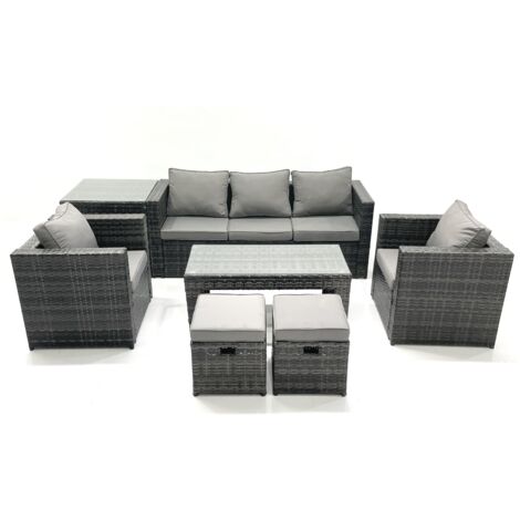 Fimous Rattan Garden Furniture Set Outdoor Lounger Sofa with Coffee Table 2 Armchair 2 Small Footstools Side Table Dark Grey Mixed