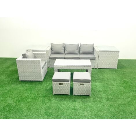 Fimous Rattan Garden Furniture Set Outdoor Lounger Sofa with Coffee Table 2 Small Footstools 2 Side Tables Light Grey Mixed
