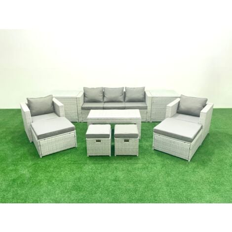 Fimous Rattan Garden Furniture Set Outdoor Lounger Sofa with Coffee Table 4 Footstools 2 Side Tables Light Grey Mixed 9 Seater