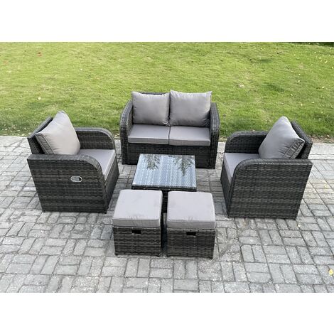 Fimous Rattan Garden Furniture Set Patio Conservatory Indoor Outdoor 6 Piece Set  with Love Sofa Square Coffee Table 2 Small Footstools