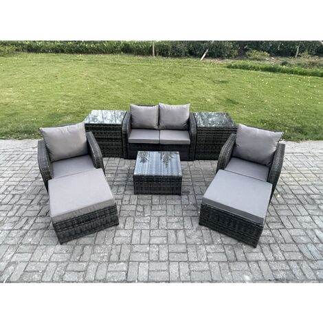 Fimous Rattan Garden Furniture Set Patio Conservatory Indoor Outdoor 6 Seater Set  with Love Sofa Square Coffee Table 2 Big Footstool 2 Side Tables