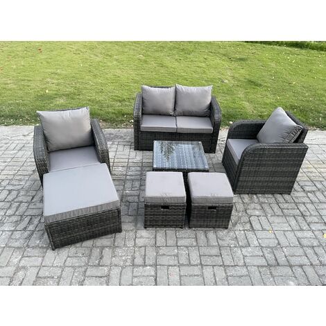 Fimous Rattan Garden Furniture Set Patio Conservatory Indoor Outdoor 7 Piece Set  with Love Sofa Square Coffee Table 3 Footstools