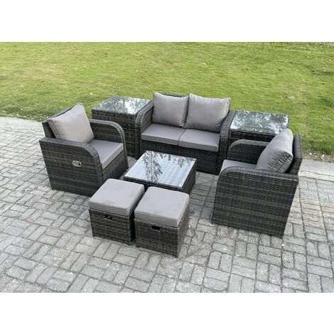 Fimous Rattan Garden Furniture Set Patio Conservatory Indoor Outdoor 8 Piece Set  with Love Sofa Square Coffee Table 2 Small Footstools 2 Side Tables