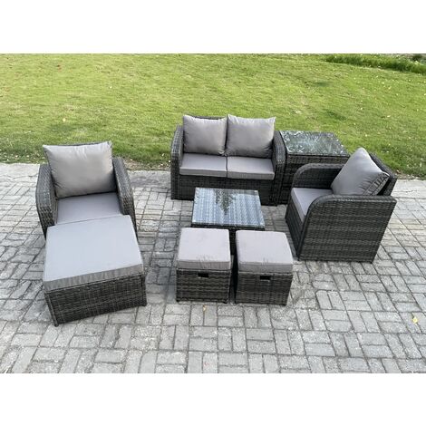 Fimous Rattan Garden Furniture Set Patio Conservatory Indoor Outdoor 8 Piece Set  with Love Sofa Square Coffee Table 3 Footstools Side Table