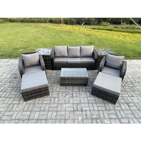Fimous Rattan Garden Furniture Set Patio Outdoor Lounge Sofa Set with Rectangular Coffee Table 2 Big Footstool 3 Seater Sofa 2 Side Tables Dark Grey Mixed