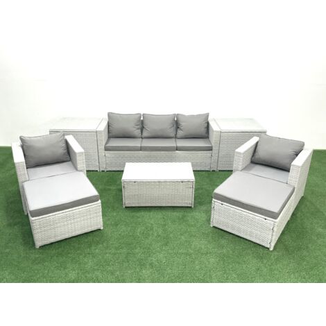 Fimous Rattan Garden Furniture Set with 3 Seater Sofa 2 Chair Rectangular Coffee Table 2 Big Footstools 2 Side Tables Light Grey Mixed 7 Seater
