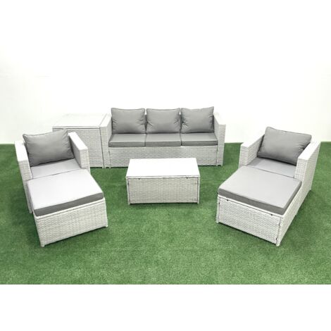 Fimous Rattan Garden Furniture Set with 3 Seater Sofa 2 Chair Rectangular Coffee Table 2 Big Footstools Side Table Light Grey Mixed 7 Seater