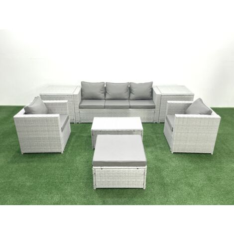 Fimous Rattan Garden Furniture Set with 3 Seater Sofa 2 Chair Rectangular Coffee Table Big Footstool 2 Side Tables Light Grey Mixed 6 Seater