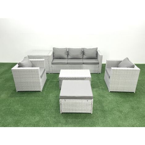 Fimous Rattan Garden Furniture Set with 3 Seater Sofa 2 Chair Rectangular Coffee Table Big Footstool Side Table Light Grey Mixed 6 Seater