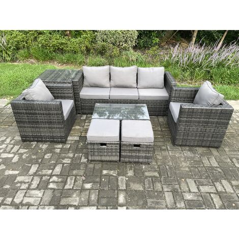 Fimous Rattan Garden Furniture Set with 3 Seater Sofa Coffee Table Side Table 2 Armchairs 2 Small Footstools Indoor Outdoor Patio Lounge Sofa Set Dark Grey Mixed