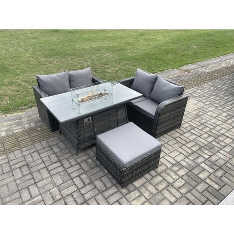 Fimous Rattan Garden Furniture Set with Gas Fire Pit Table Footstool 4 Pieces Outdoor Loveseat Sofa Set Dark Grey Mixed