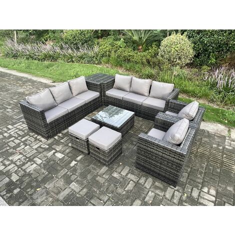 Fimous Rattan Garden Furniture Sofa Set with 2 Armchairs Square Coffee Table Side Table 2 Small Footstools Indoor Side Table 10 Seater Outdoor Rattan Set Dark Grey Mixed