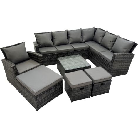 Fimous Rattan Garden Outdoor Furniture Set 10 Seater Garden Sofa Coffee Table Set with Chair 3 Footstools Dark Grey Mixed