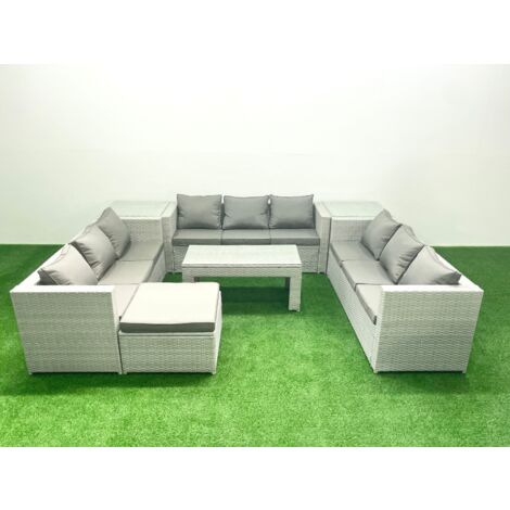 Fimous Rattan Garden Outdoor Furniture Set 10 Seater Garden Sofa Oblong Coffee Table Set with Big Footstool 2 Side Tables Light Grey Mixed