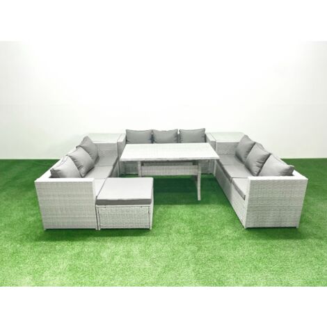 Fimous Rattan Garden Outdoor Furniture Set 10 Seater Garden Sofa Rectangulr Dining Table Set with Big Footstool 2 Side Tables Light Grey Mixed