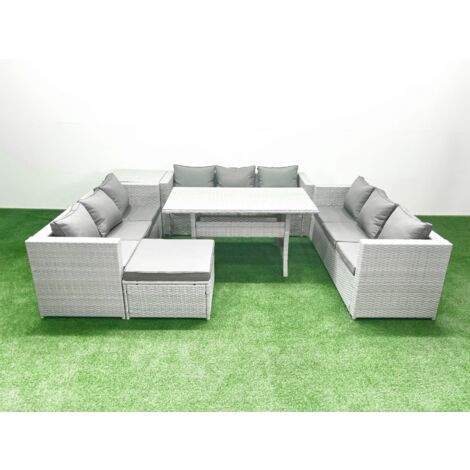 Fimous Rattan Garden Outdoor Furniture Set 10 Seater Garden Sofa Rectangulr Dining Table Set with Big Footstool Side Table Light Grey Mixed