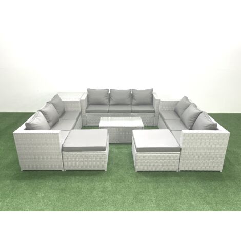 Fimous Rattan Garden Outdoor Furniture Set 11 Seater Garden Sofa Coffee Table Set with 2 Big Footstools Side Table Light Grey Mixed