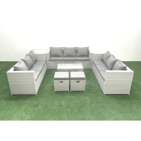 Fimous Rattan Garden Outdoor Furniture Set 11 Seater Garden Sofa Coffee Table Set with 2 Small Footstool Side Table Light Grey Mixed