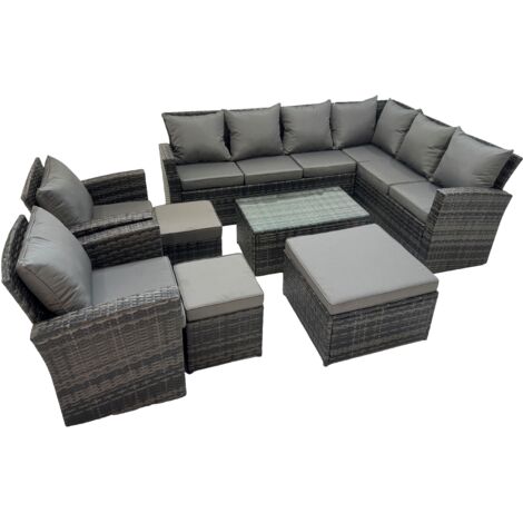 Fimous Rattan Garden Outdoor Furniture Set 11 Seater Garden Sofa Coffee Table Set with Chair 3 Footstools Dark Grey Mixed
