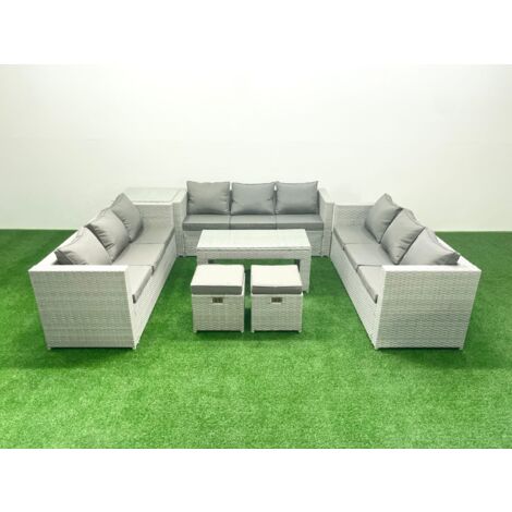 Fimous Rattan Garden Outdoor Furniture Set 11 Seater Garden Sofa Oblong Coffee Table Set with 2 Small Footstool Side Table Light Grey Mixed