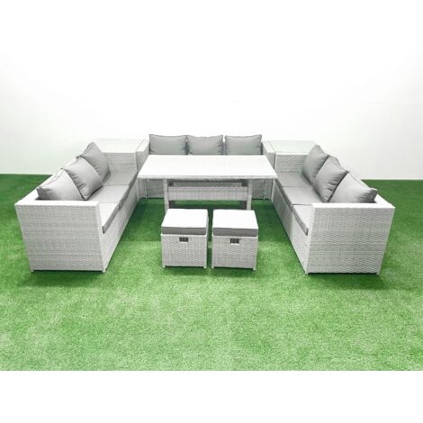 Fimous Rattan Garden Outdoor Furniture Set 11 Seater Garden Sofa Rectangulr Dining Table Set with 2 Small Footstool 2 Side Tables Light Grey Mixed