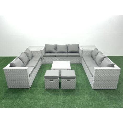 Fimous Rattan Garden Outdoor Furniture Set 11 Seater Rattan Garden Sofa Set with 2 Small Footstool 2 Side Tables Light Grey Mixed