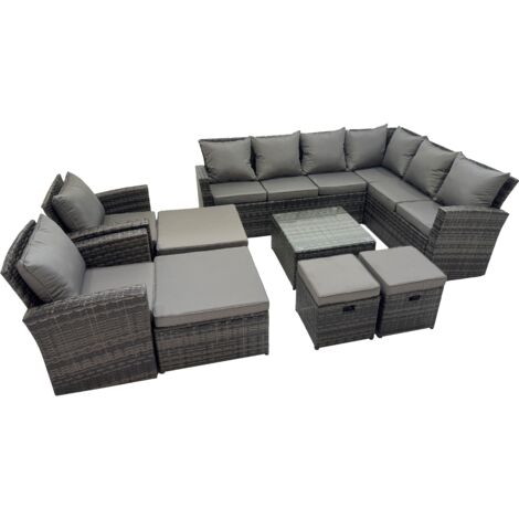 Fimous Rattan Garden Outdoor Furniture Set 12 Seater Garden Sofa Coffee Table Set with 2 Chairs 4 Footstools Dark Grey Mixed
