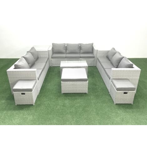 Fimous Rattan Garden Outdoor Furniture Set 12 Seater Garden Sofa Coffee Table Set with 3 Footstools Side Table Light Grey Mixed
