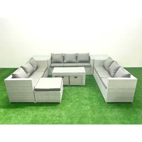 Fimous Rattan Garden Outdoor Furniture Set 12 Seater Garden Sofa Oblong Coffee Table Set with 3 Footstools 2 Side Tables Light Grey Mixed