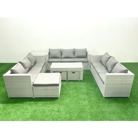 Fimous Rattan Garden Outdoor Furniture Set 12 Seater Garden Sofa Oblong Coffee Table Set with 3 Footstools Side Table Light Grey Mixed