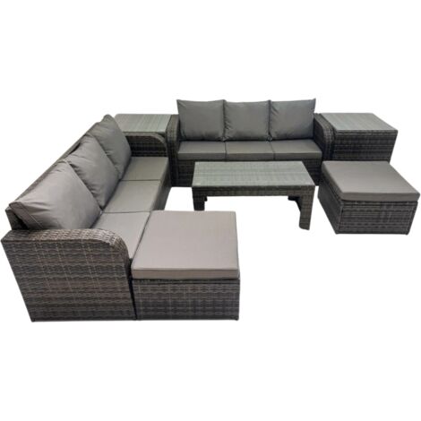 Fimous Rattan Garden Outdoor Furniture Set 3 Seater Sofa Coffee Table with 2 Big Footstools 2 Side Tables Dark Grey Mixed