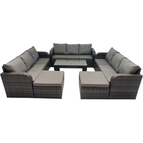 Fimous Rattan Garden Outdoor Furniture Set 3 Seater Sofa Coffee Table with 2 Big Footstools Dark Grey Mixed
