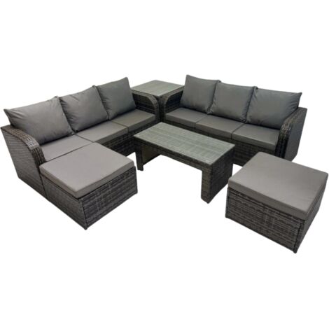 Fimous Rattan Garden Outdoor Furniture Set 3 Seater Sofa Coffee Table with 2 Big Footstools Side Table Dark Grey Mixed