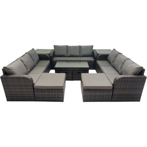 Fimous Rattan Garden Outdoor Furniture Set 3 Seater Sofa Coffee Table with 2 Side Tables 4 Footstools Dark Grey Mixed