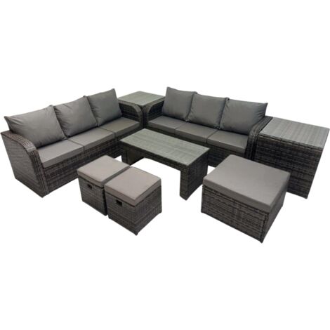 Fimous Rattan Garden Outdoor Furniture Set 3 Seater Sofa Coffee Table with 3 Footstools 2 Side Tables Dark Grey Mixed
