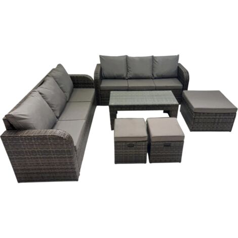 Fimous Rattan Garden Outdoor Furniture Set 3 Seater Sofa Coffee Table with 3 Footstools Dark Grey Mixed