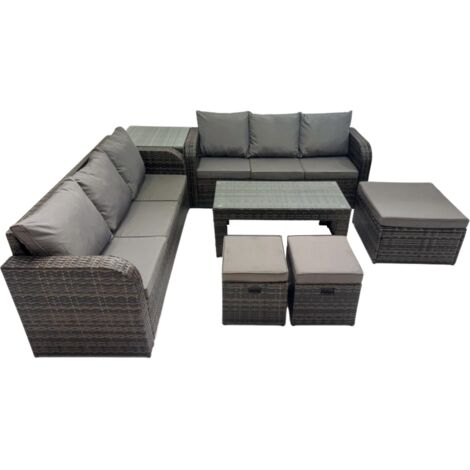 Fimous Rattan Garden Outdoor Furniture Set 3 Seater Sofa Coffee Table with 3 Footstools Side Table Dark Grey Mixed