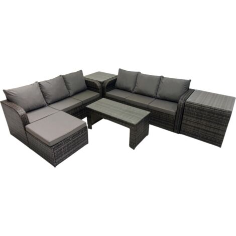 Fimous Rattan Garden Outdoor Furniture Set 3 Seater Sofa Coffee Table with Big Footstool 2 Side Tables Dark Grey Mixed