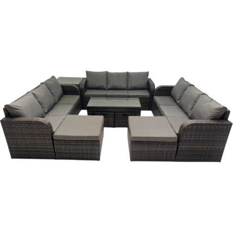 Fimous Rattan Garden Outdoor Furniture Set 3 Seater Sofa Coffee Table with Side Table 4 Footstools Dark Grey Mixed