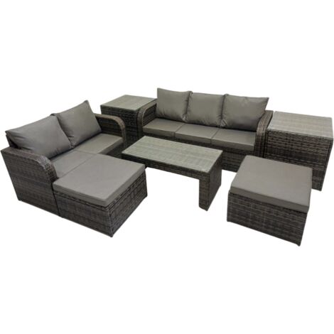 Fimous Rattan Garden Outdoor Furniture Set 3 Seater Sofa Love Sofa Coffee Table with 2 Big Footstools 2 Side Tables Dark Grey Mixed