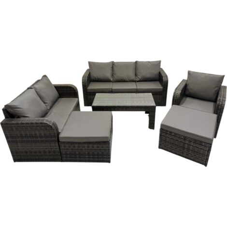 Fimous Rattan Garden Outdoor Furniture Set 3 Seater Sofa Love Sofa Coffee Table with 2 Big Footstools Dark Grey Mixed