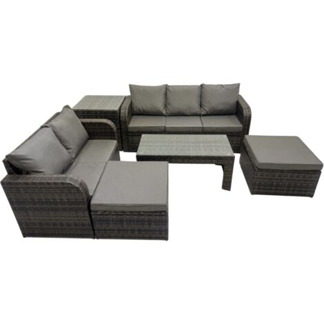 Fimous Rattan Garden Outdoor Furniture Set 3 Seater Sofa Love Sofa Coffee Table with 2 Big Footstools Side Table Dark Grey Mixed