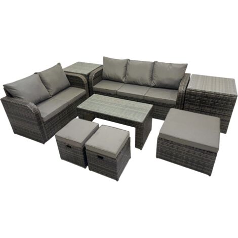 Fimous Rattan Garden Outdoor Furniture Set 3 Seater Sofa Love Sofa Coffee Table with 3 Footstools 2 Side Table Dark Grey Mixed