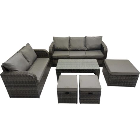Fimous Rattan Garden Outdoor Furniture Set 3 Seater Sofa Love Sofa Coffee Table with 3 Footstools Dark Grey Mixed