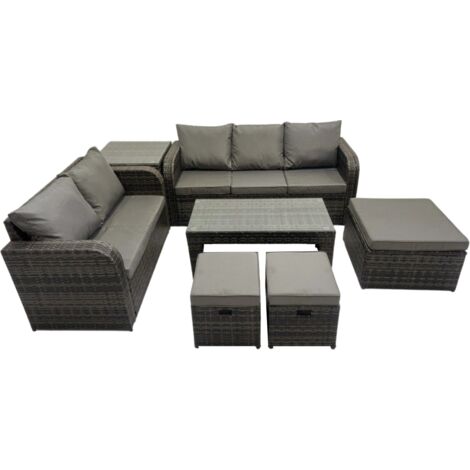 Fimous Rattan Garden Outdoor Furniture Set 3 Seater Sofa Love Sofa Coffee Table with 3 Footstools Side Table Dark Grey Mixed
