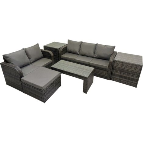 Fimous Rattan Garden Outdoor Furniture Set 3 Seater Sofa Love Sofa Coffee Table with Big Footstool 2 Side Tables Dark Grey Mixed