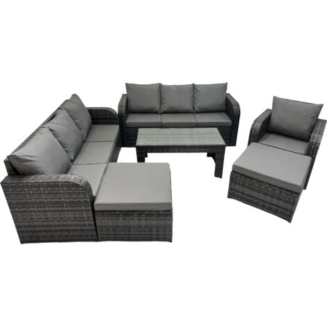 Fimous Rattan Garden Outdoor Furniture Set 3 Seater Sofa Reclining Chair Coffee Table with 2 Big Footstools Dark Grey Mixed