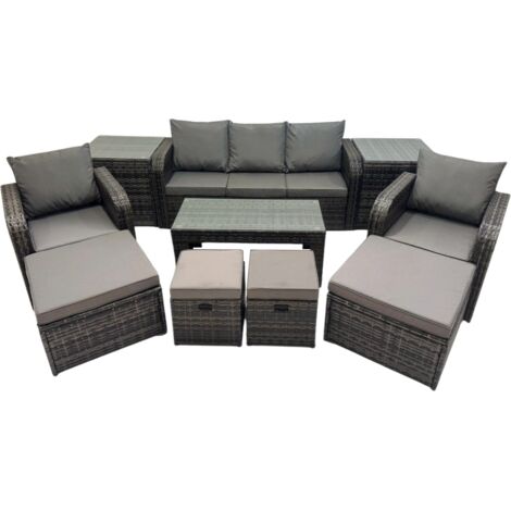 Fimous Rattan Garden Outdoor Furniture Set 3 Seater Sofa Reclining Chair Coffee Table with 2 Side Tables 4 Footstools Dark Grey Mixed